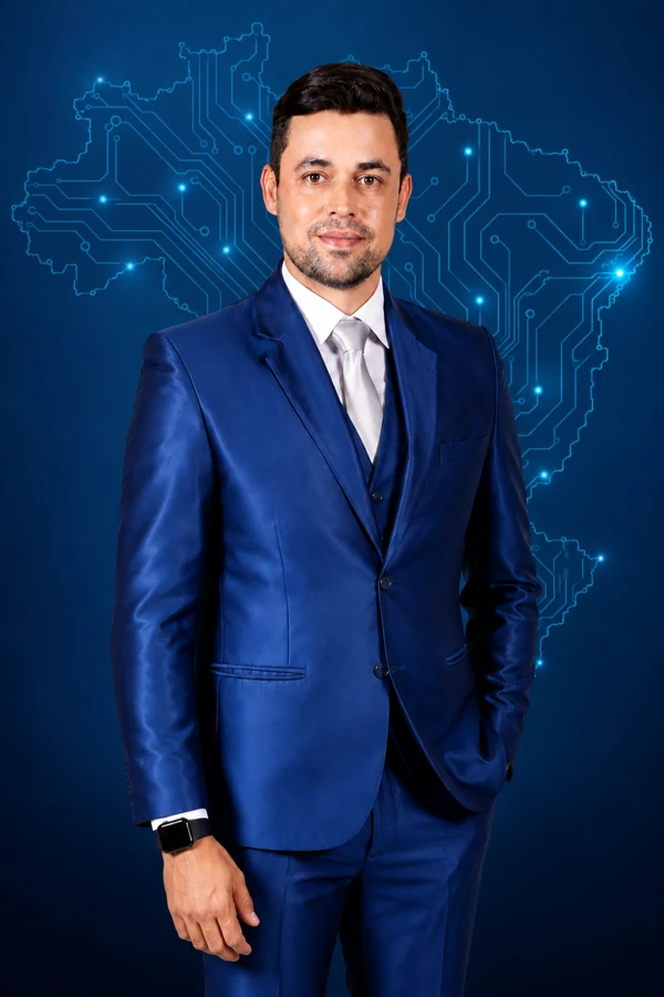 Dr. Wagner Sena e Senna, CEO e fundador da Júdice, diante de um mapa do Brasil com circuitos azuis